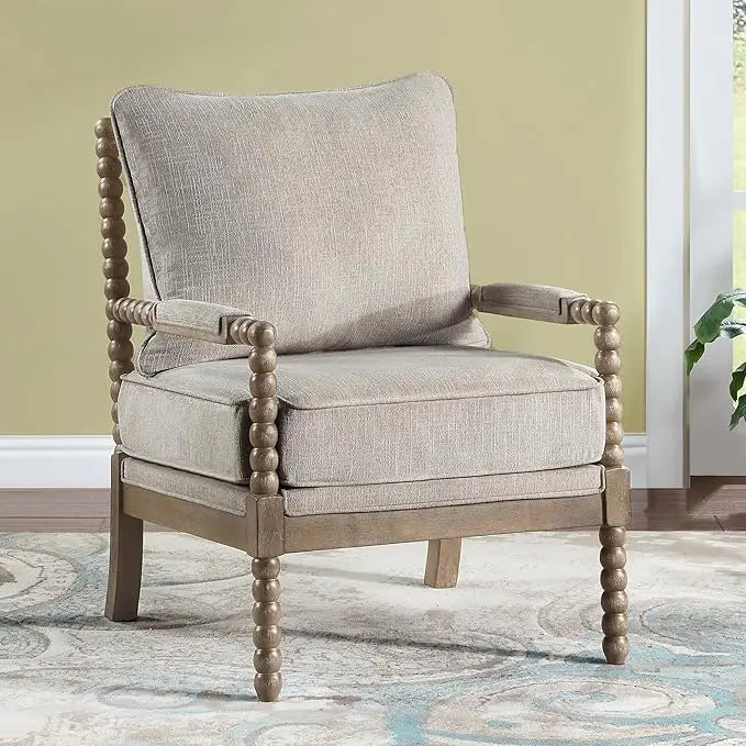 Linen Fabric Spindle Accent Chair with Padded Spring Seat and Brushed White Base for Livin