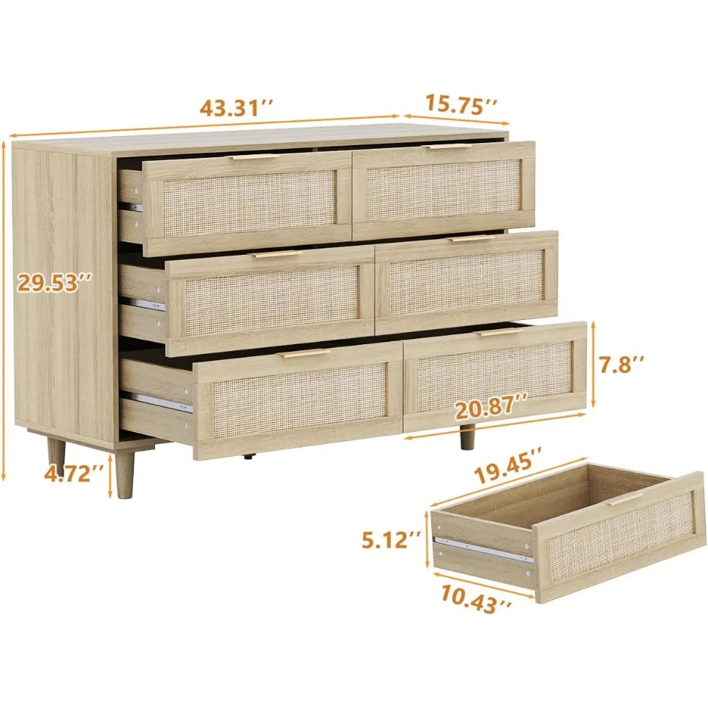 Rattan 6 Drawer Bedroom Dresser
