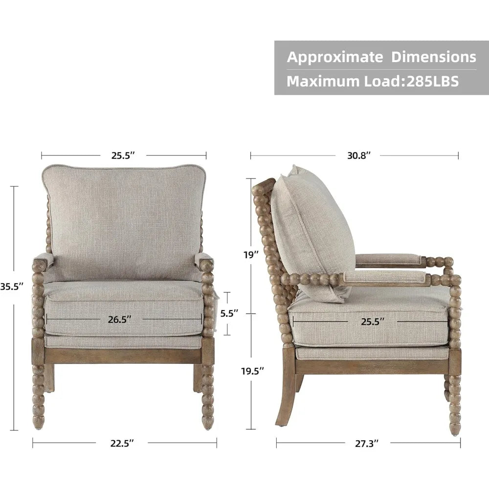 Linen Fabric Spindle Accent Chair with Padded Spring Seat and Brushed White Base for Livin