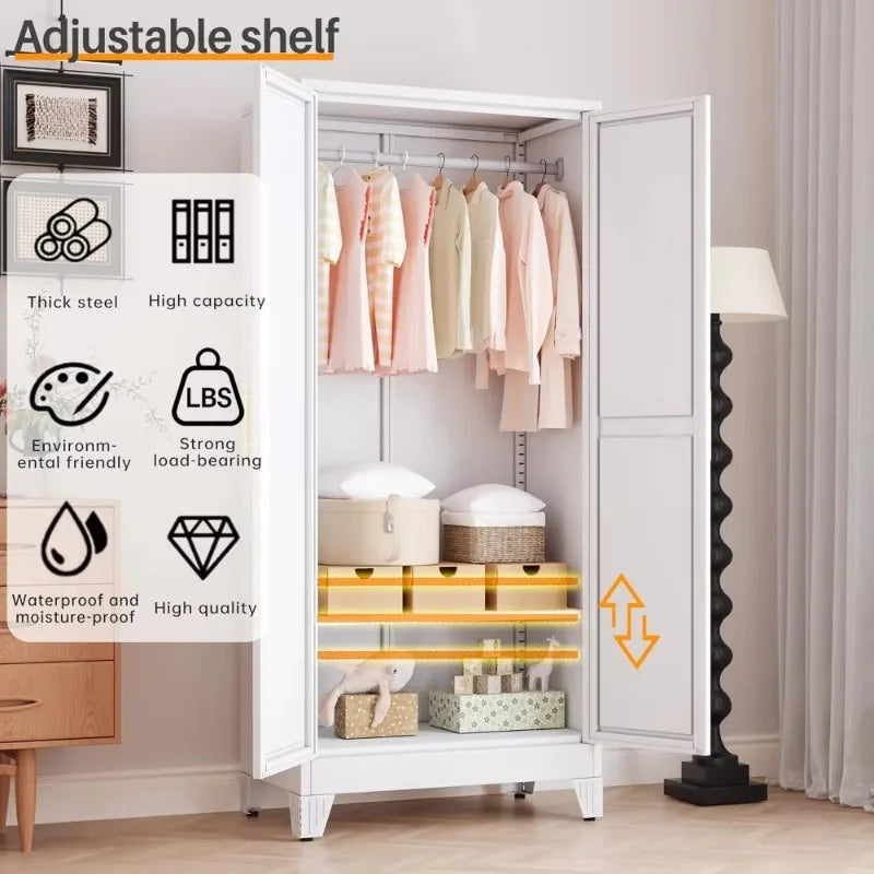 Metal Armoire Wardrobe, 71" Tall Bedroom , Adjustable Shelves,Hanging Rod, Steel Clothes Closets and Storage