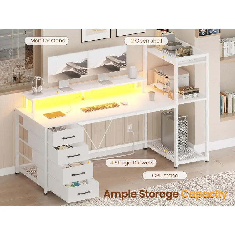 55" Computer Desk With Drawers And Shelves