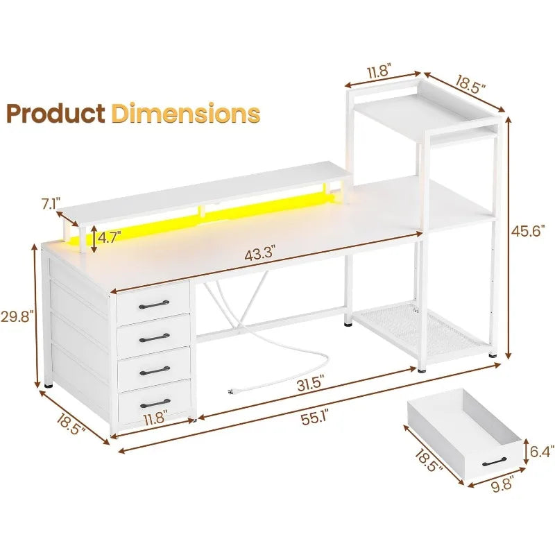 55" Computer Desk With Drawers And Shelves