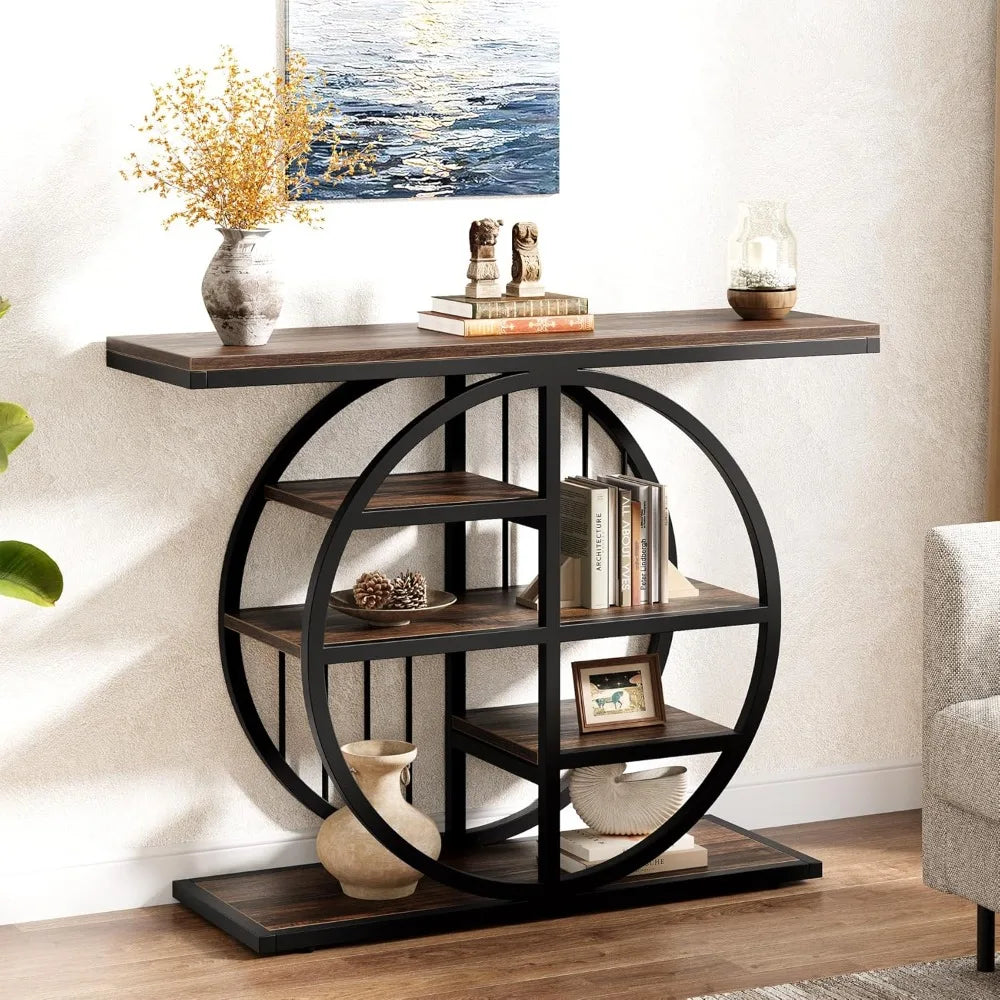 39" Entryway Console Table with Circle Base and Storage Shelves for Living Room, Hallway, Foyer