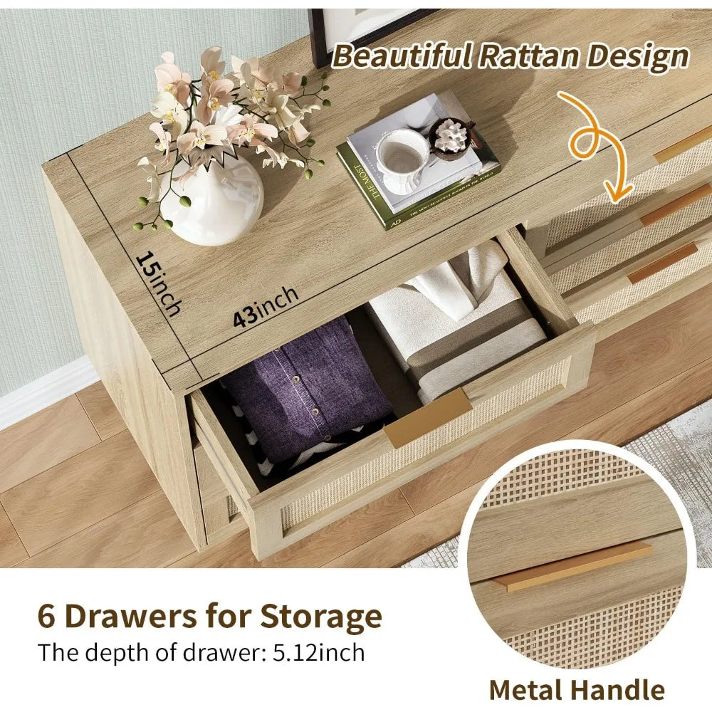 Rattan 6 Drawer Bedroom Dresser