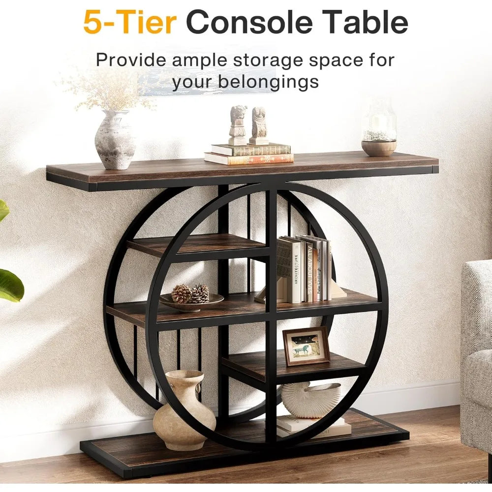 39" Entryway Console Table with Circle Base and Storage Shelves for Living Room, Hallway, Foyer