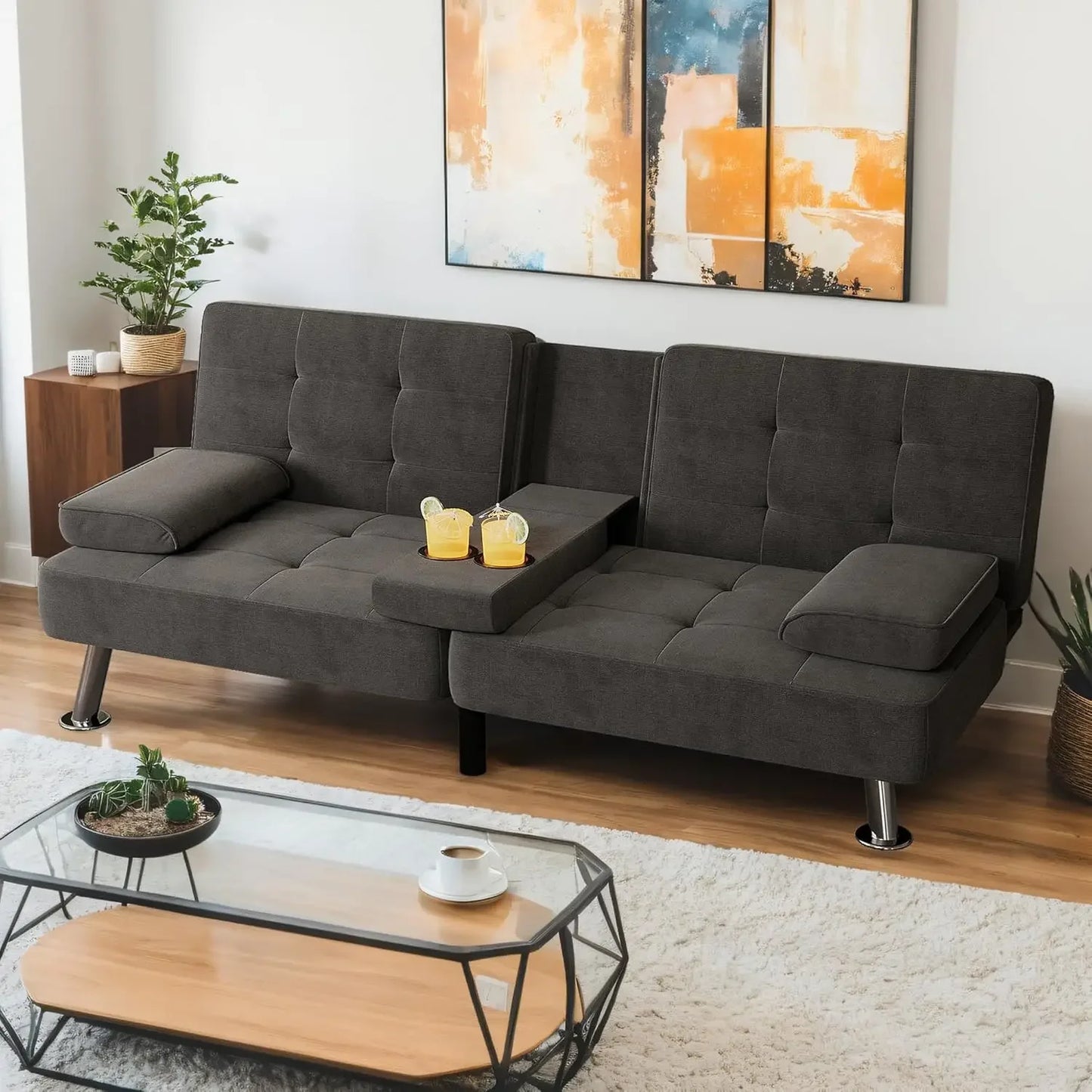 Modern Linen Upholstered Folding Futon Sofa