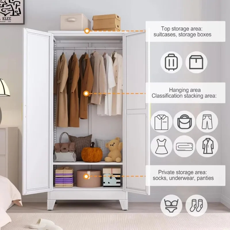 Metal Armoire Wardrobe, 71" Tall Bedroom , Adjustable Shelves,Hanging Rod, Steel Clothes Closets and Storage