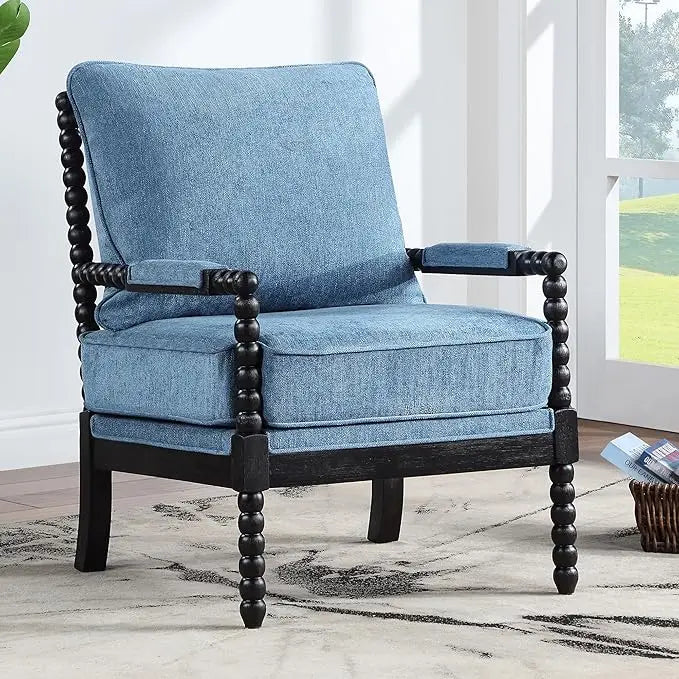 Linen Fabric Spindle Accent Chair with Padded Spring Seat and Brushed White Base for Livin