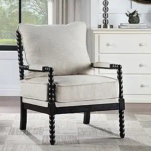 Linen Fabric Spindle Accent Chair with Padded Spring Seat and Brushed White Base for Livin