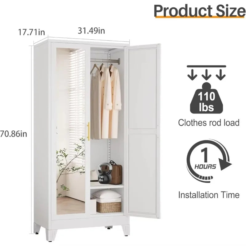 Metal Armoire Wardrobe, 71" Tall Bedroom , Adjustable Shelves,Hanging Rod, Steel Clothes Closets and Storage