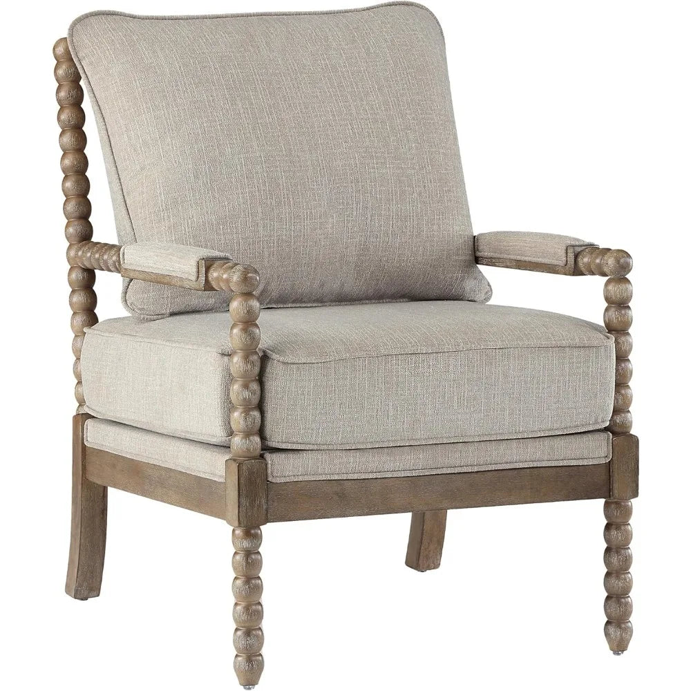 Linen Fabric Spindle Accent Chair with Padded Spring Seat and Brushed White Base for Livin