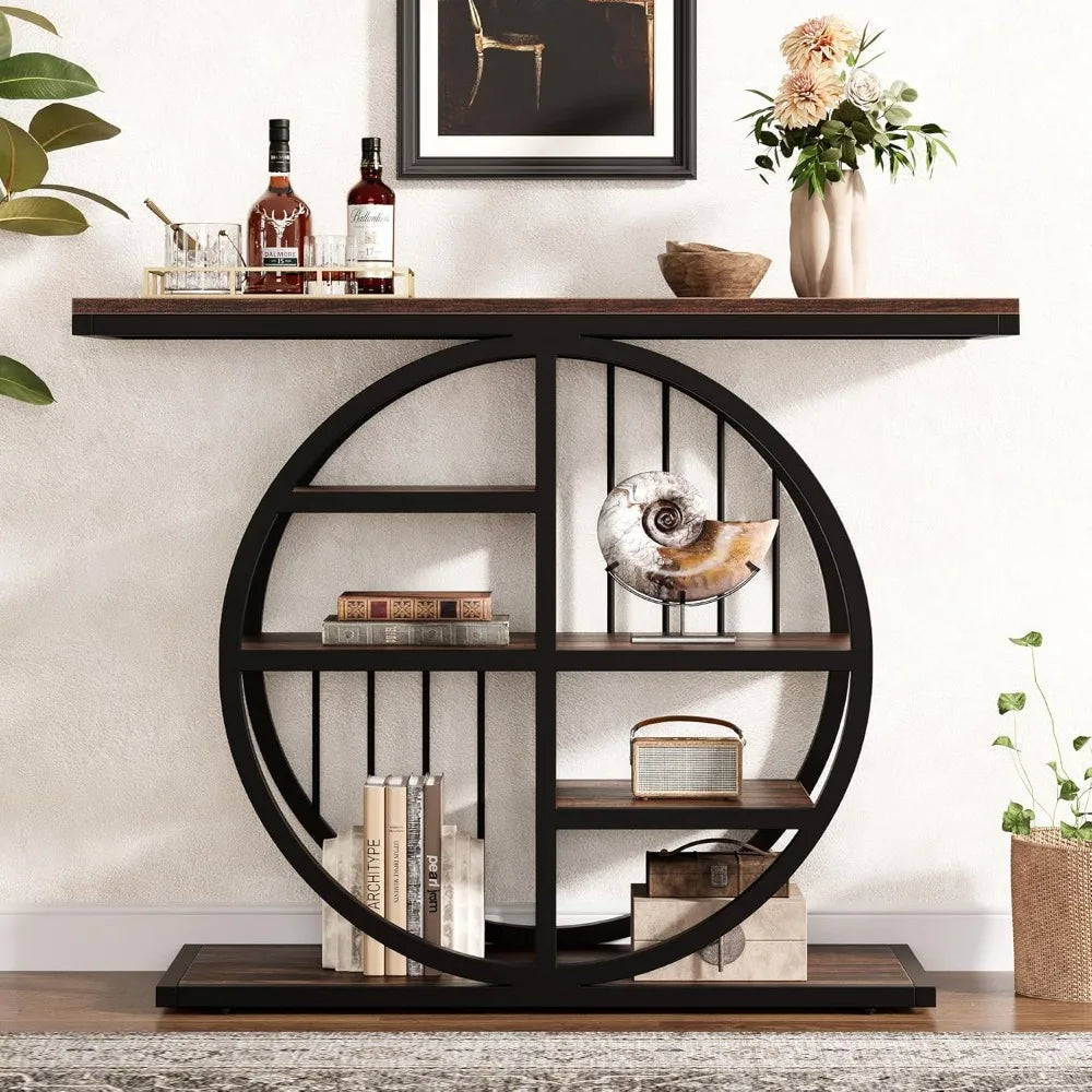 39" Entryway Console Table with Circle Base and Storage Shelves for Living Room, Hallway, Foyer