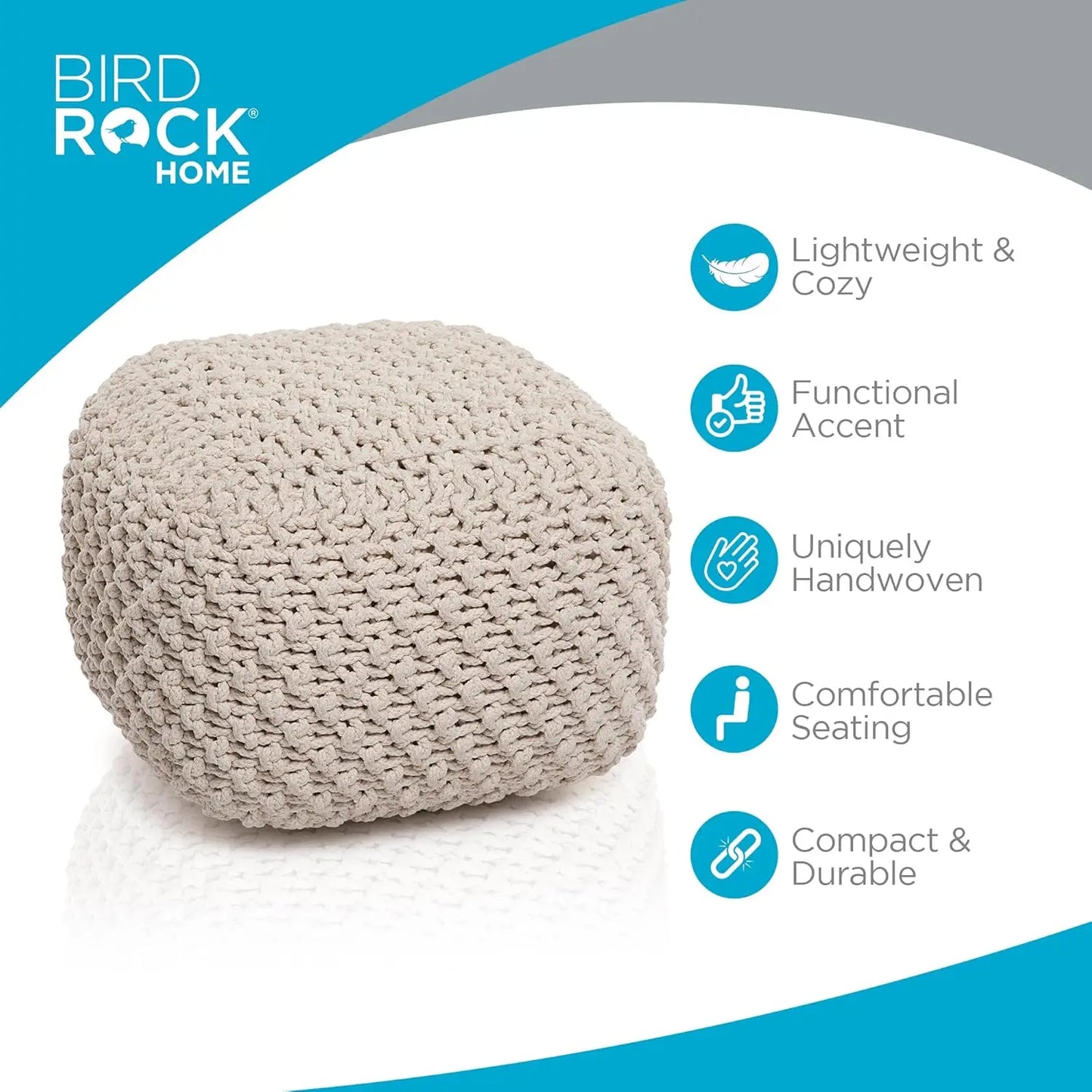 Square Pouf Ottoman Foot Stool with Bean Bag Filling for Living Room, Compact