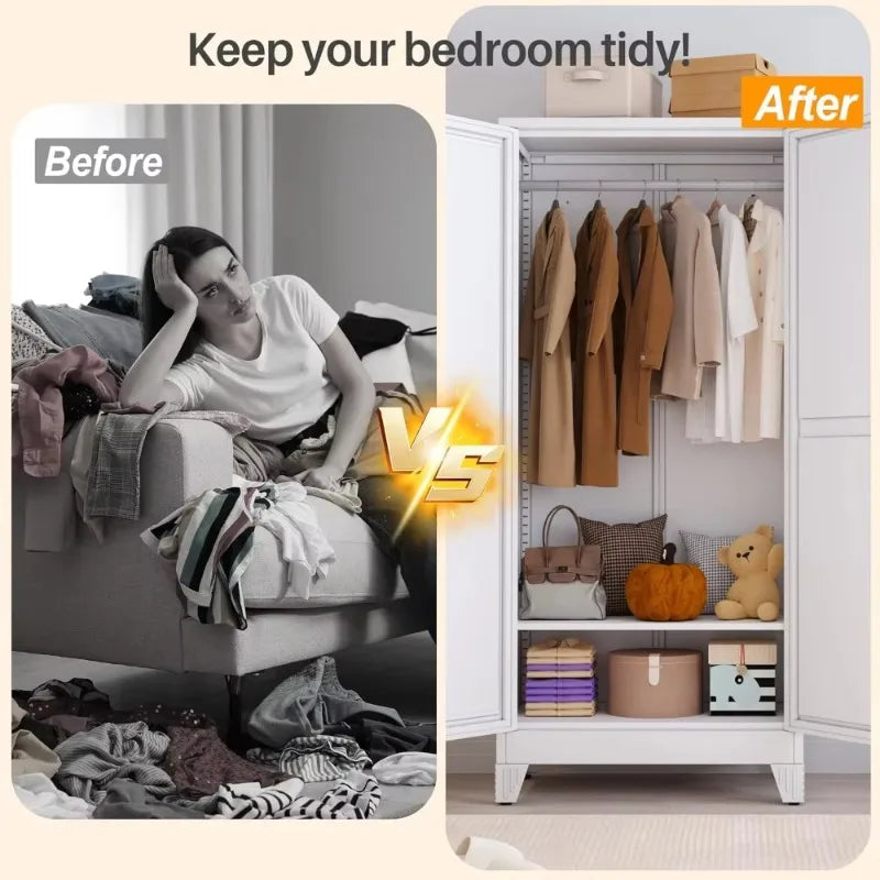 Metal Armoire Wardrobe, 71" Tall Bedroom , Adjustable Shelves,Hanging Rod, Steel Clothes Closets and Storage