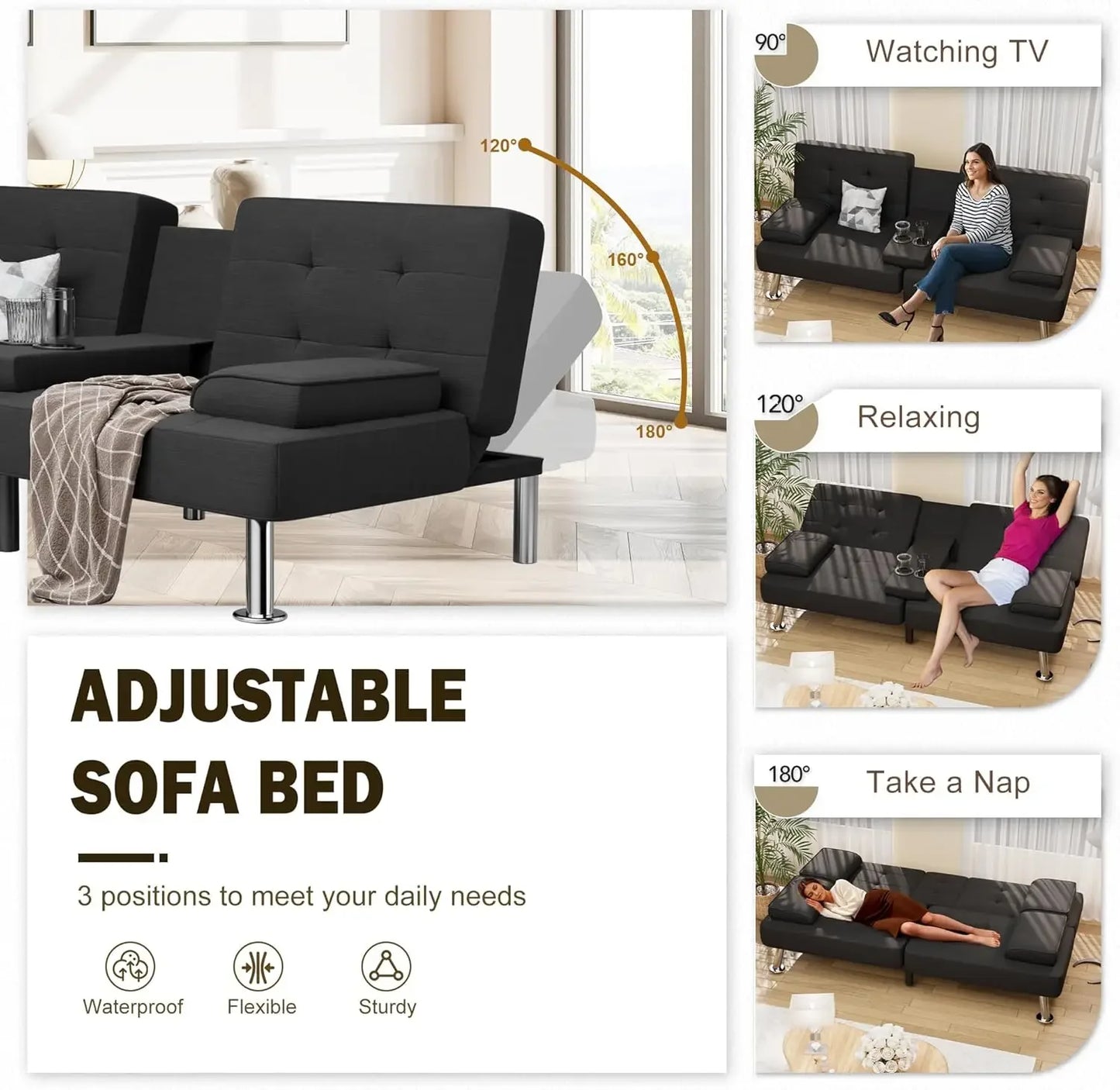 Modern Linen Upholstered Folding Futon Sofa
