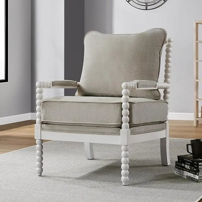 Linen Fabric Spindle Accent Chair with Padded Spring Seat and Brushed White Base for Livin