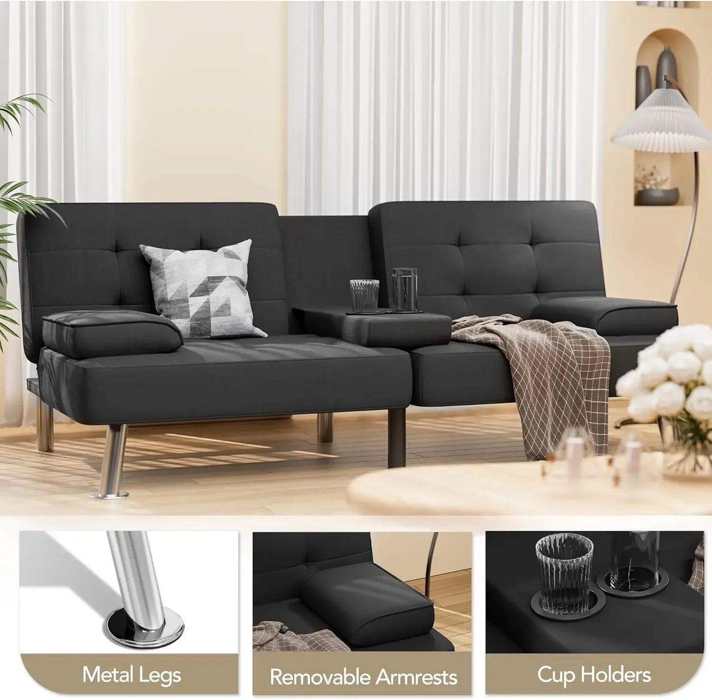 Modern Linen Upholstered Folding Futon Sofa
