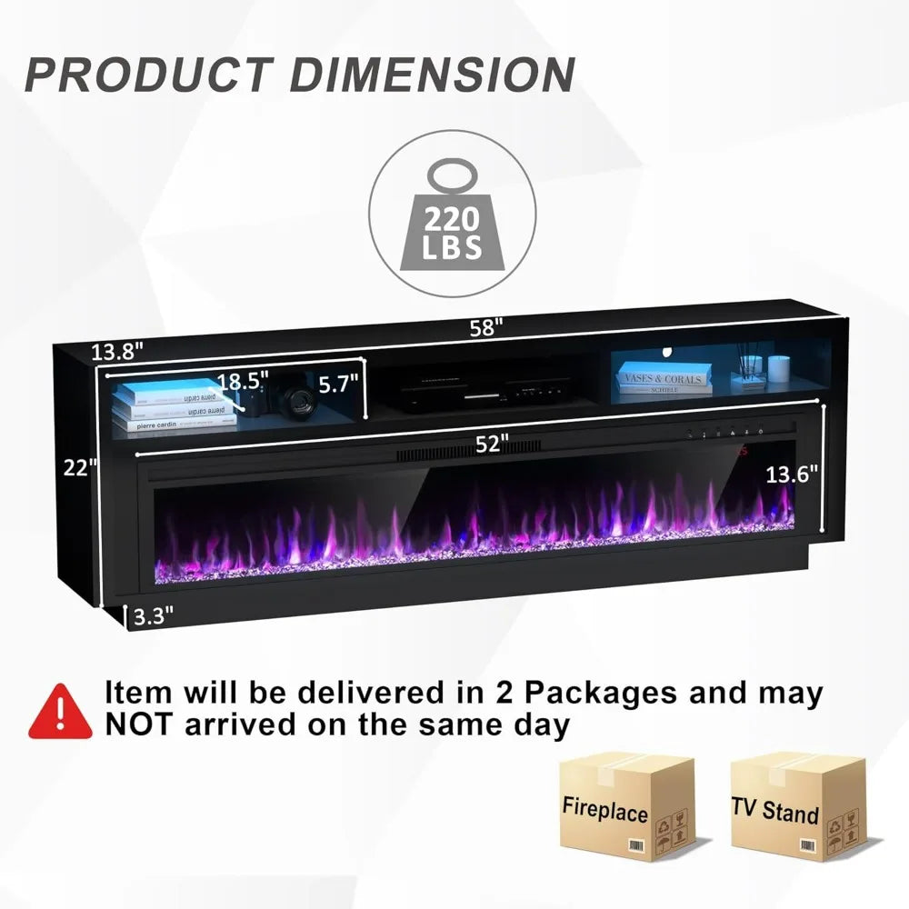 58" Fireplace TV Stand for TVs Up to 65" with 52" Electric Fireplace, TV Console for The Living Room, LED Light Entertainment C