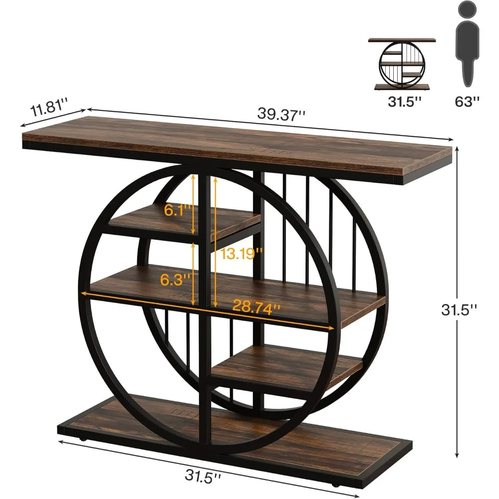 39" Entryway Console Table with Circle Base and Storage Shelves for Living Room, Hallway, Foyer