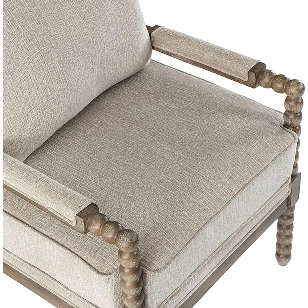 Linen Fabric Spindle Accent Chair with Padded Spring Seat and Brushed White Base for Livin