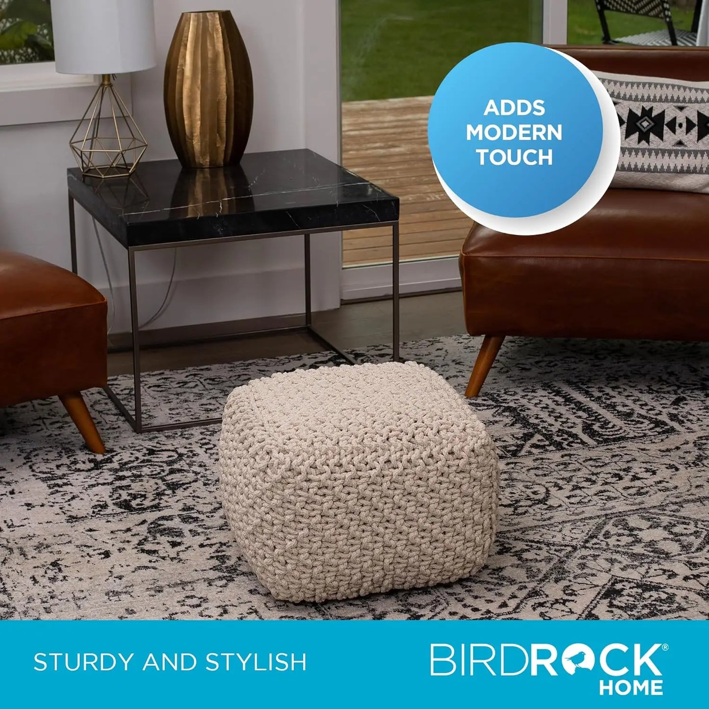Square Pouf Ottoman Foot Stool with Bean Bag Filling for Living Room, Compact