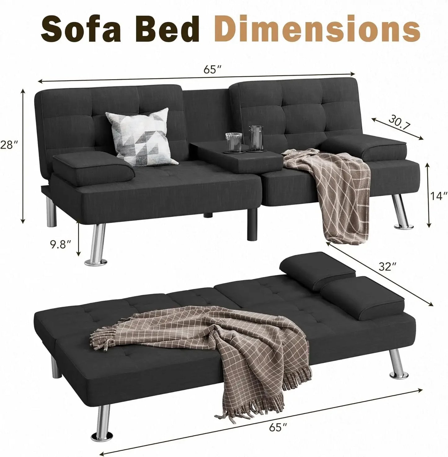 Modern Linen Upholstered Folding Futon Sofa