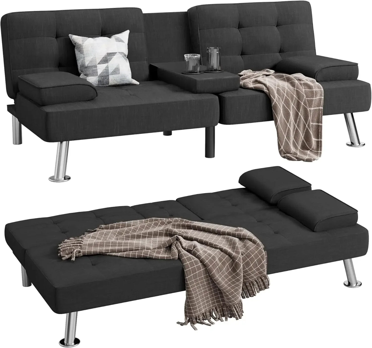 Modern Linen Upholstered Folding Futon Sofa