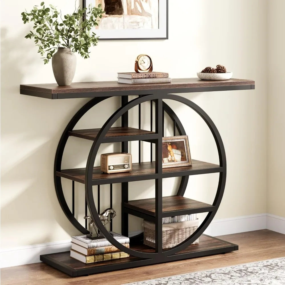 39" Entryway Console Table with Circle Base and Storage Shelves for Living Room, Hallway, Foyer