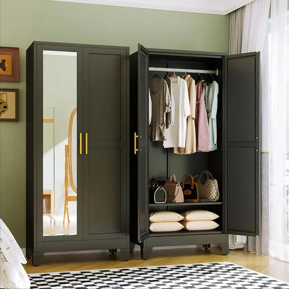 Metal Armoire Wardrobe, 71" Tall Bedroom , Adjustable Shelves,Hanging Rod, Steel Clothes Closets and Storage
