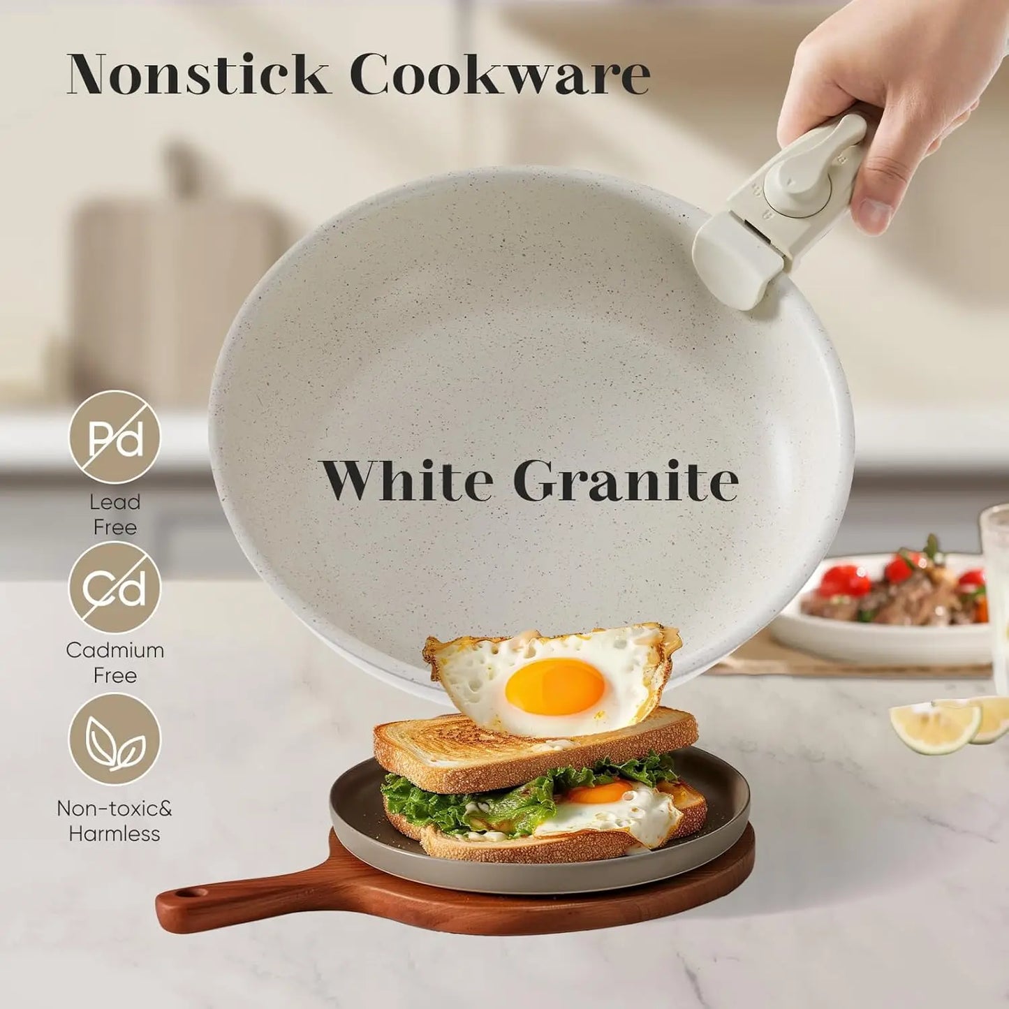 12 pcs Pots and Pans Set, Nonstick Kitchen Cookware with Detachable Handle, Dishwasher Oven Safe, Milky White