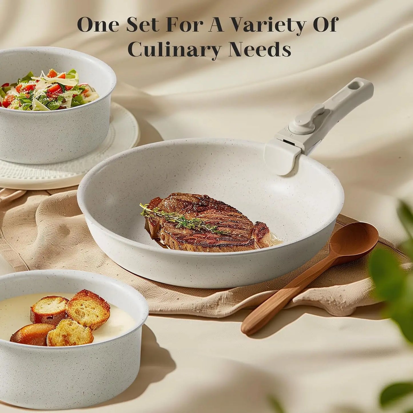 12 pcs Pots and Pans Set, Nonstick Kitchen Cookware with Detachable Handle, Dishwasher Oven Safe, Milky White