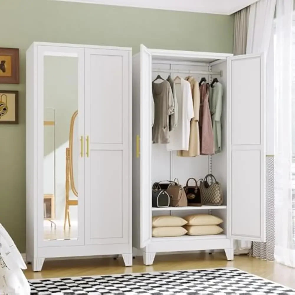 Metal Armoire Wardrobe, 71" Tall Bedroom , Adjustable Shelves,Hanging Rod, Steel Clothes Closets and Storage