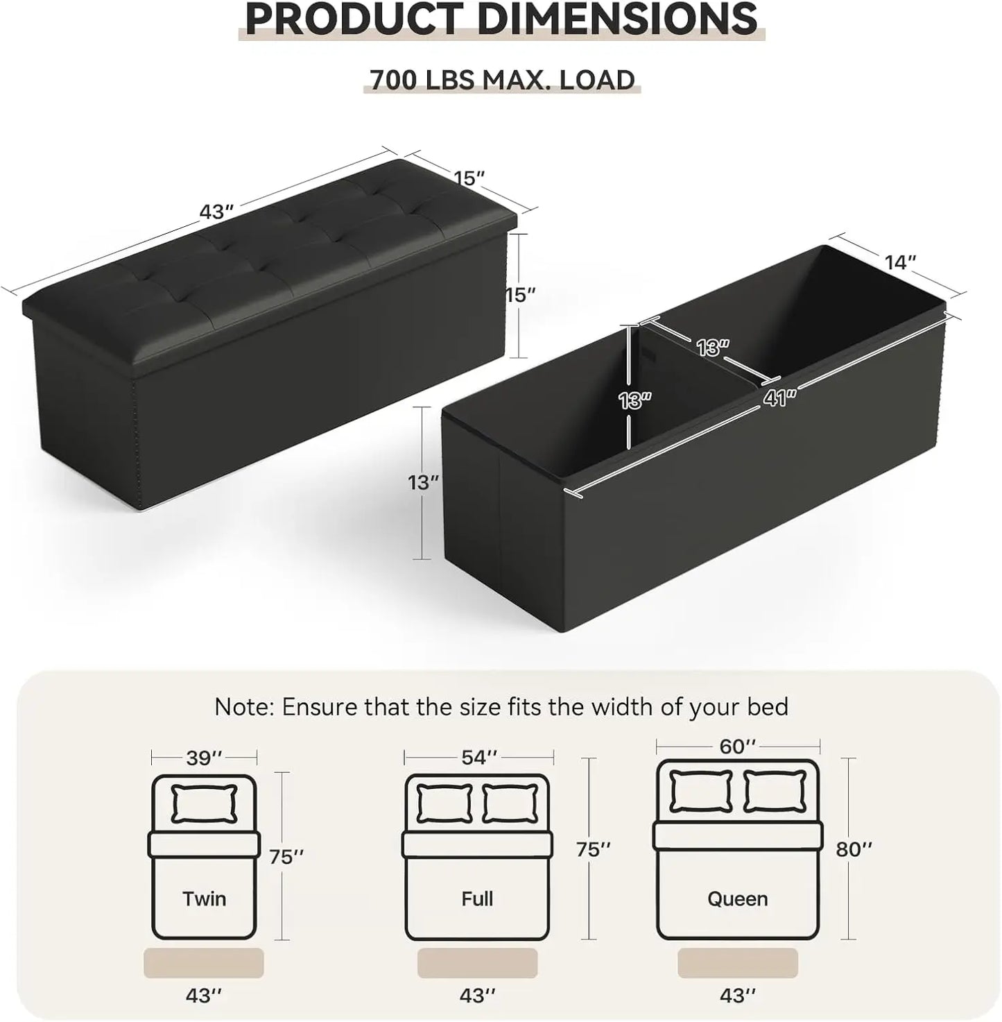 43 Inch Ottoman Foot Rest, End of Bed Bench, Storage