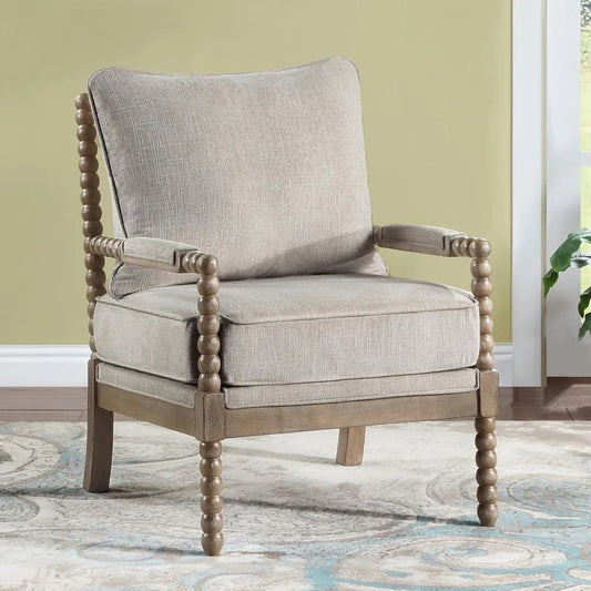Linen Fabric Spindle Accent Chair  with Padded Spring Seat and Brushed White Base for Livin