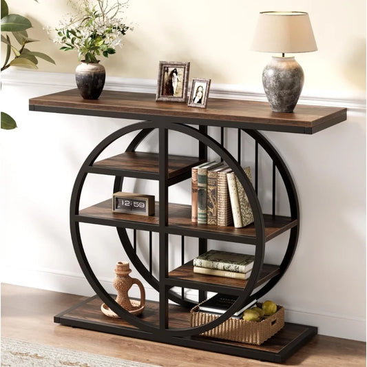 39" Entryway Console Table with Circle Base and Storage Shelves for Living Room, Hallway, Foyer