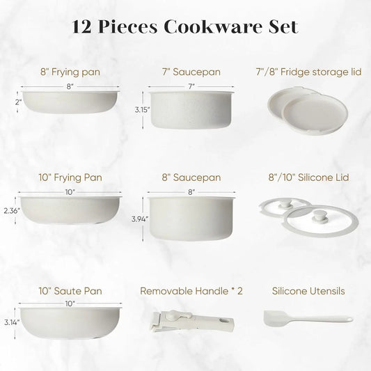 12 pcs Pots and Pans Set, Nonstick Kitchen Cookware  with Detachable Handle, Dishwasher Oven Safe, Milky White