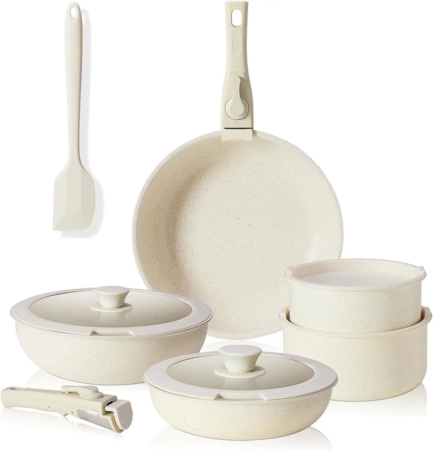 12 pcs Pots and Pans Set, Nonstick Kitchen Cookware  with Detachable Handle, Dishwasher Oven Safe, Milky White